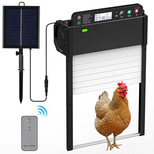 Automatische Hühnerklappe Solar, Elektrische Hühnerklappe Automatisch mit Timer, Lichtsensor, LCD Display, Einklemmschutz Elektrische Hühnerklappe, Hühnertür mit Fernbedienung von DEHKATA