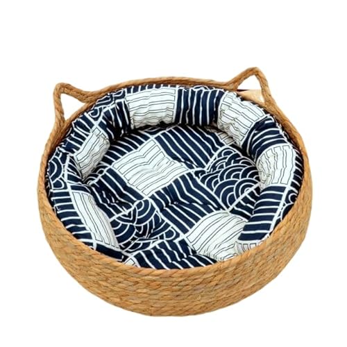 Rattan Flechtkorb mit Kissen, weich, warm, rund, bequem, Katzenbett, 35 cm, Blau von DEJIN