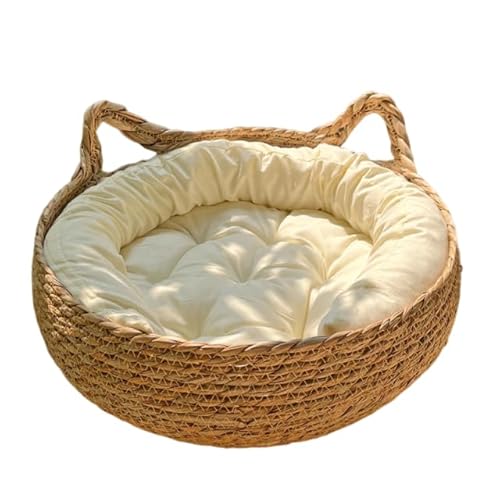 Rattan-Webkorb, Haustier-Katzenbett mit Kissen, weich, warm, rund, bequem, schlafendes Katzenhaus, weißes Kissen, 35 cm von DEJIN