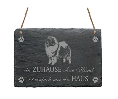 Schiefertafel Wolfsspitz « EIN ZUHAUSE OHNE HUND IST EINFACH NUR EIN HAUS » Schild mit Hunde Motiv - Türschild Dekoration Wanddeko - Nederlandse Keeshonden von DEKOLANDO