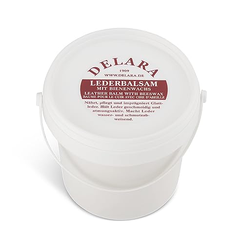 DELARA Lederbalsam, farblos, mit hochwertigem Bienenwachs, Macht das Leder geschmeidig und wasserabweisend, 500 ml im Eimer, Made in Germany von DELARA