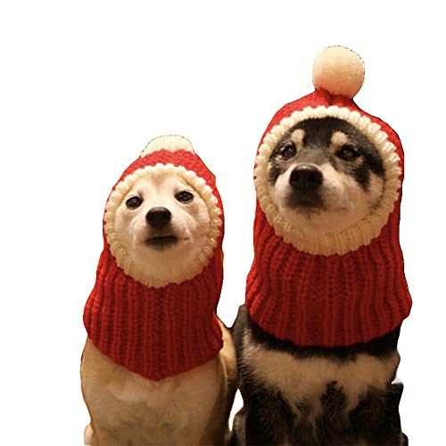 DELIFUR Lustige Weihnachtshundemütze mit Pompon Gehäkelter Snood Hundehut Rot Warme Winterhundemütze Strick Snood Kopfbedeckung für Haustiere & Frauen & Mann(Rot,M) von DELIFUR