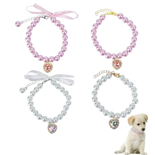 DELORIGIN 4 Stück Haustierhalsband Katzenhalsband Mit Perlen Teddyhalsband Mit Perlen Und Strasssteinen Herzschmuck Verstellbar Katzenhalsband Halsbandschmuck Für Kleine Hunde Und Katzen von DELORIGIN