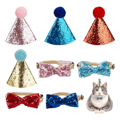 DELORIGIN 8 Stile Hunde Geburtstag Hüte Fliege Halsband Katze Party Pailletten Hüte Verstellbare Fliege Haustiere Geburtstag Kappe für Hund Katze Welpen Kätzchen Haustiere Party Hochzeit Cosplay von DELORIGIN