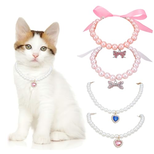 DELORIGIN Perlen-Halsband für Hunde und Katzen, Schmuck, Perlenhalsband mit Band und Zirkonia, Herzknochen, Zubehör für kleine Katzen, Hunde, Zubehör, Mädchen, Haustier, Welpen, Kätzchen, rosa Kostüm von DELORIGIN