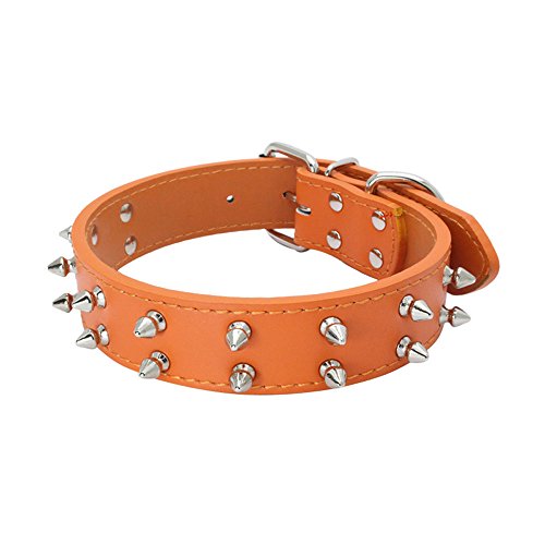 Lederhalsband mit zwei Reihen vernickelter Spikes zum Trainieren und Wandern,Braun,S: /637 (Color : Orange, Size : S:(neck 14.517.5")) von DELURA