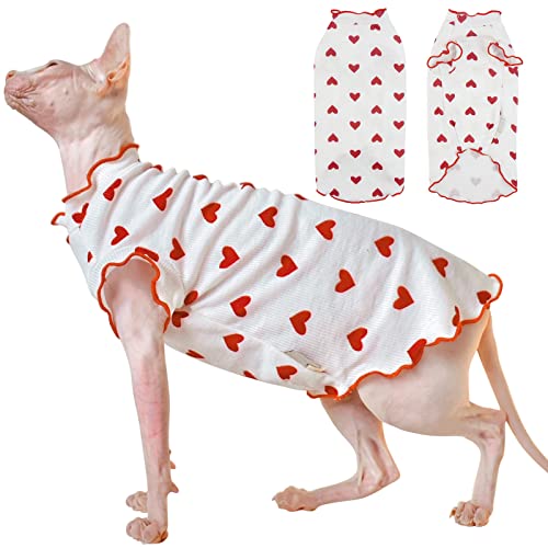 DENTRUN Herzmuster Sphynx haarlose Katzen Shirt Kätzchen T-Shirts mit Perlin Ärmel Atmungsaktiv Katze tragen niedlichen Pullover Adorable Hairless Cat's Clothes Vest Pyjamas Jumpsuit von DENTRUN