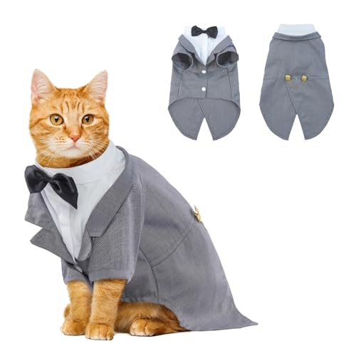 DENTRUN Hund Smoking Anzug & Bandana Set, Smoking-Kostüme Formelle Party-Outfits Shirt Hund Kleidung Tuxedo, Hunde Anzug für Hochzeit, Hochzeit mit Abnehmbarem Schleife Bandana für Kleine Cat Tuxedo von DENTRUN