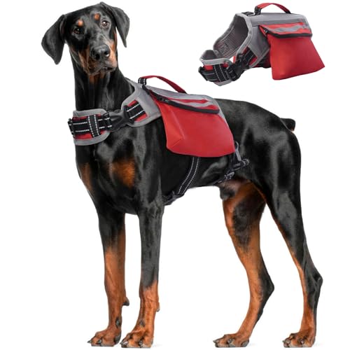 DENTRUN Hunde Wanderrucksack, Hound Hund Satteltasche Rucksack, Nylon Hundegeschirr Weste mit Seitentaschen Wanderrucksack, Hunderucksack Wandern Walking Training Laufen für mittelgroße & große Hunde von DENTRUN