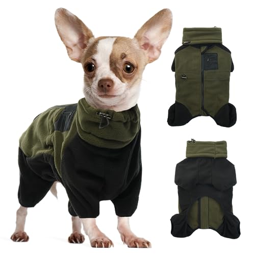 DENTRUN Hundemantel für Kleine Hunde, Wintermantel Hund Klein, Hundejacke mit Beinen, Warme Weiche Hund Fleece, Hundemantel mit Hund Snood, Kleine Hund Onesie Outfit(Armeegrün,S) von DENTRUN