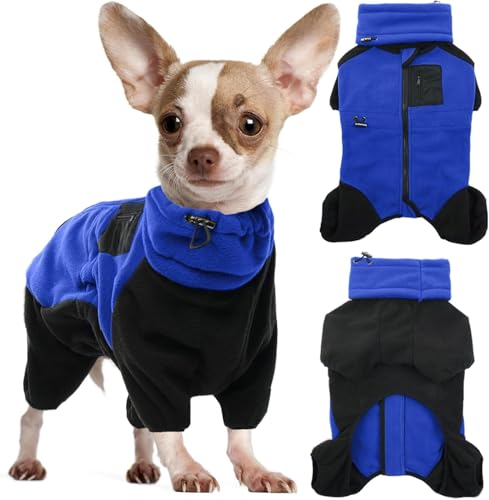 DENTRUN Hundemantel für Kleine Hunde, Wintermantel Hund Klein, Hundejacke mit Beinen, Warme Weiche Hund Fleece, Hundemantel mit Hund Snood, Kleine Hund Onesie Outfit(Blau,S) von DENTRUN