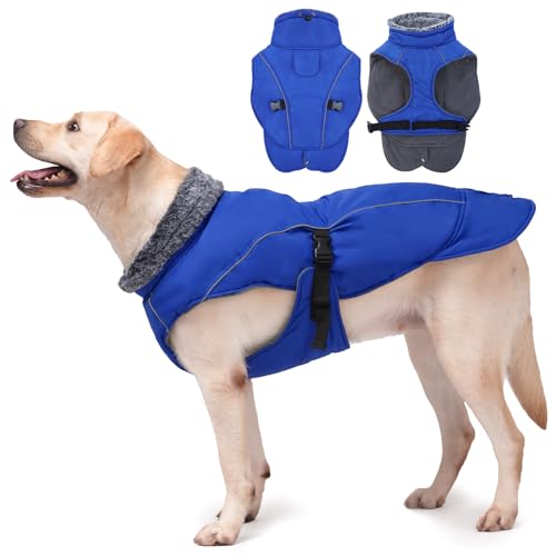 DENTRUN Hundemantel Grosse Hunde, Ärmellose wasserdichte Hundejacke, Hunde Reflektierende Fleecejacke, Winddichter WintermantelHunde, Winddicht Outdoor Hundejacke(Blau,XL) von DENTRUN