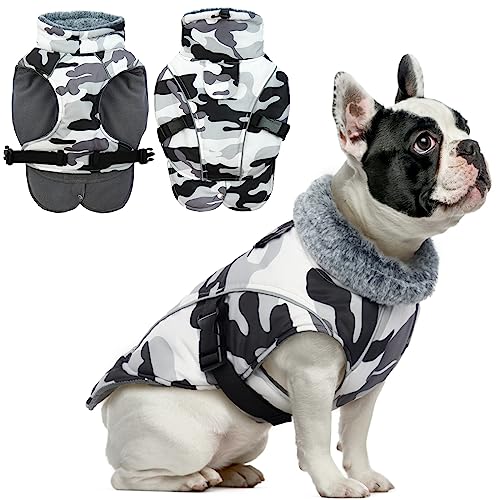 DENTRUN Hundemantel Winter mit Geschirr Wasserdicht Winterjacke Hund Weste Fleece mit Bauchschutz Beinen Dackel Französische Bulldogge von DENTRUN