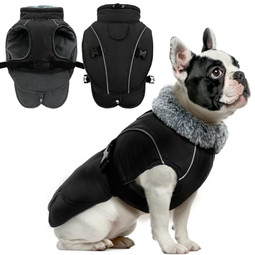 DENTRUN Hundemantel Winter mit Geschirr Wasserdicht Winterjacke Hund Weste Fleece mit Bauchschutz Beinen Dackel Französische Bulldogge von DENTRUN