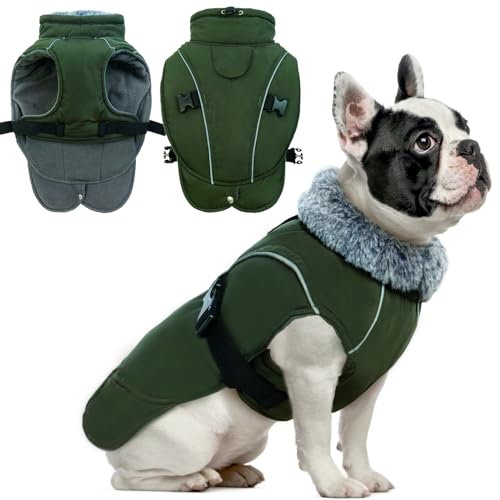 DENTRUN Hundemantel Winter mit Geschirr Wasserdicht Winterjacke Hund Weste Fleece mit Bauchschutz Beinen Dackel Französische Bulldogge von DENTRUN