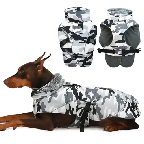 DENTRUN Wasserdicht Hundemantel, Hunde Wintermantel Große Hunde, Hundejacke Winter Warm, Hundemantel mit Bauchschutz, Hundemantel Wasserdicht mit Fleece Gefütterte(Camouflage,3XL) von DENTRUN