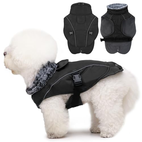 DENTRUN Hundemantel für Kleine Hunde, Hunde Wintermantel, Wintermantel Hund Wasserdicht, Hundejacke mit Leine Loch, Reflektierend Hundejacke, Winddichter Wintermantel(Schwarz, S) von DENTRUN