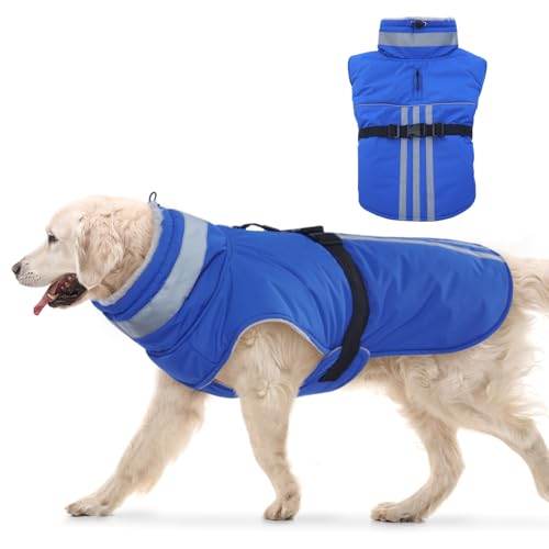 DENTRUN Hundepullover Grosse Hunde, Hundejacke Winter Warm, Winter Wasserdicht Hundejacke, Hunde Wintermantel Große Hunde, Hundemantel mit Bauchschutz(Blau,2XL) von DENTRUN