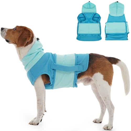 DENTRUN Hundepullover Mit Beruhigender Kapuze und Ohrenschutz, Beruhigungsweste für Hunde, Anti Stress Hundejacke, Hunde Angst Beruhigungsjacke, Donner, Feuerwerk, Labrador, Beagle, Blau von DENTRUN