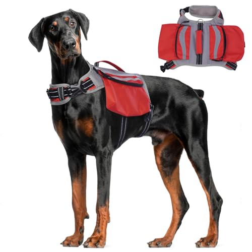 DENTRUN Hunderucksack, Hundegeschirr mit Tasche, Rucksack für Hunde, Hundesnack Rucksack Atmungsaktiv, Rucksack für Hunderücken 2 Haupttaschen von DENTRUN