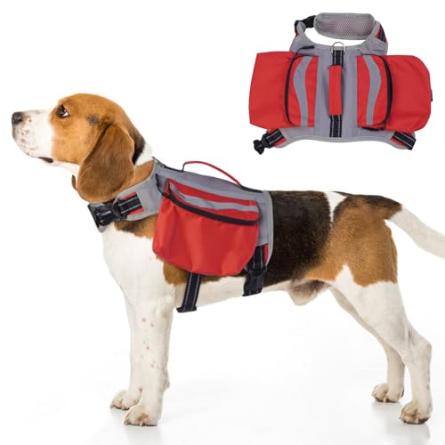 DENTRUN Hunderucksack, Hundegeschirr mit Tasche, Rucksack für Hunde, Hundesnack Rucksack Atmungsaktiv, Rucksack für Hunderücken 2 Haupttaschen von DENTRUN