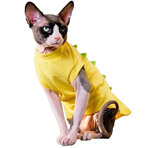 DENTRUN Sphynx Katzenkleidung, Niedliches Dinosaurier-Design Nacktkatzen Kostüm, Atmungsaktive Baumwollhemden Katzenkleidung nur für Katzen, Rundhalsausschnitt Kätzchen T-Shirts mit Ärmeln von DENTRUN