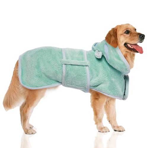 DENTRUN Hundebademantel, Bademantel Hunde, Hundetrocknungsmantel mit Gürtel, Hundebademantel mit Kapuze, Hundehandtuch, Dog Bathrobe, Labrador Retriever(2XL,Grün) von DENTRUN