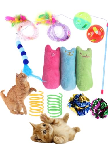 DERDOUT 12 Stück Katzenspielzeug für Indoor-Katzen, Plüsch-Katzenminze, Spielzeug, Katzenzähne, Reinigungsspielzeug, interaktives Katzenfeder-Teaser, Zauberstab, Federspielzeug von DERDOUT