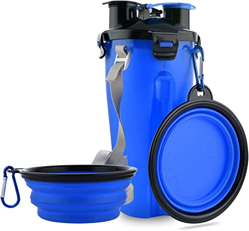 DERDOUT Hunde-Reise-Wasserflasche, zusammenklappbare Näpfe, 2-in-1-Haustierfutterbehälter mit zusammenklappbaren Näpfen, tragbare Wassernäpfe für Spaziergänge, Reisen, Camping und Wandern, Blau von DERDOUT