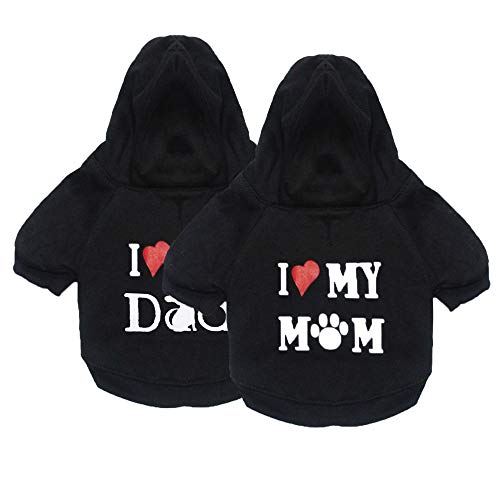 DERUILA Hunde-Kapuzenpullover für kleine und mittelgroße Hunde, Aufschrift "I Love Mommy I Love My Daddy", Schwarz, 2 Stück von DERUILA