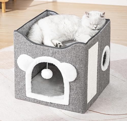 DERUIZE Katzenbetten für Indoor-Katzen – große überdachte große Katzenhöhlenbetten für Haustier-Katzenhaus und mehrere kleine Haustiere Haus mit flauschigem Ball zum Aufhängen und Kratzpolster, von DERUIZE