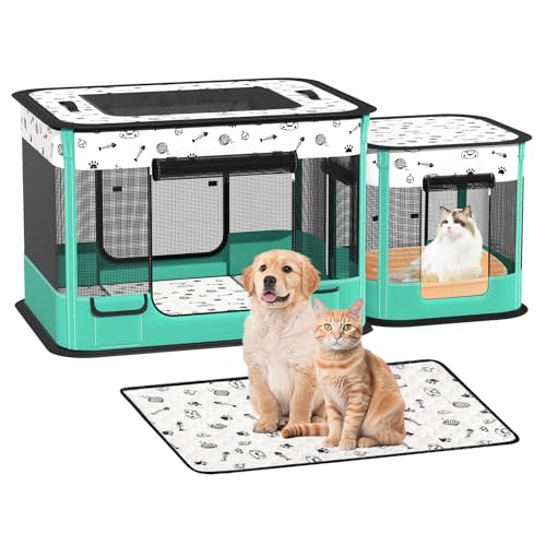 DESELL Faltbarer Welpenauslauf für Hunde Katzen 2 Pack Teilbarer Laufstall für zuhause, Hundebox mit Waschbar Pee Pad Hund Zelt Crates Kennel abnehmbarem Reißverschluss Oben (140 * 60 * 55cm) von DESELL