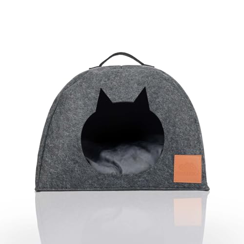 Design&Welt Katzenbett – Bequeme Filz-Katzenhöhle mit Kissen, waschbar & rutschfest – Kuscheliges Katzenhaus für kleine Haustiere (Grau, 13x38x45 cm) von DESIGN&WELT