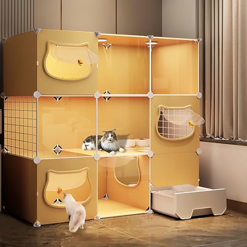 Katzenkäfig für den Innenbereich mit Katzentoilette, abnehmbarer DIY-Katzenlaufstall, transparente Panorama-Katzengehege, Katzenhütten, Frettchenkäfig (Farbe: Gelb, Größe: 111 x 39 x 109) Warm as von DEUYO