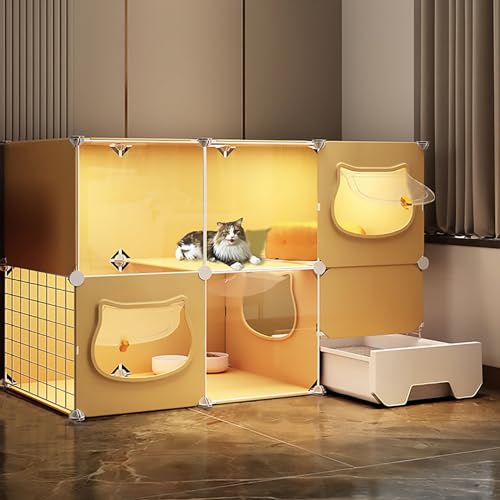 Katzenkäfig für den Innenbereich mit Katzentoilette, abnehmbarer DIY-Katzenlaufstall, transparente Panorama-Katzengehege, Katzenhütten, Frettchenkäfig (Farbe: Gelb, Größe: 111 x 39 x 73 cm) Warm as von DEUYO