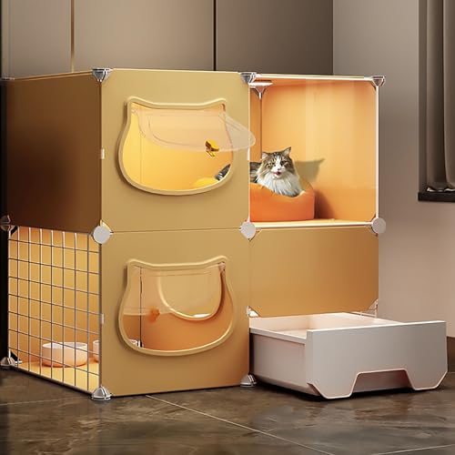 Katzenkäfig für den Innenbereich mit Katzentoilette, abnehmbarer DIY-Katzenlaufstall, transparente Panorama-Katzengehege, Katzenhütten, Frettchenkäfig (Farbe: Gelb, Größe: 75 x 39 x 73) Warm as ever von DEUYO