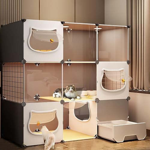 Katzenkäfig für den Innenbereich mit Katzentoilette, abnehmbarer DIY-Katzenlaufstall, transparente Panorama-Katzengehege, Katzenhütten, Frettchenkäfig (Farbe: Grau, Größe: 111 x 39 x 109) Warm as von DEUYO