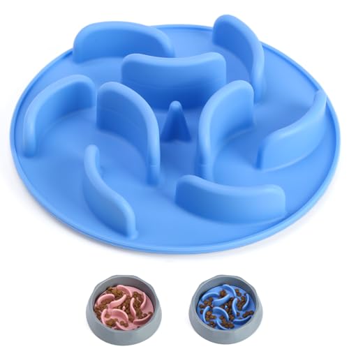 Slow Feeder Hundenäpfe Einsatz, Silikon Hund Slow Feeder Schüssel mit starken Saugnäpfen Perfekt für Edelstahl Glas Keramik Hundenäpfe (Blau) von DEWVIE