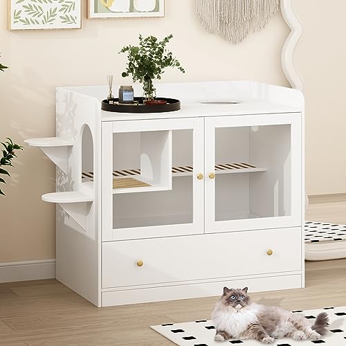 DEZAGCE Katzenschrank für Große Katzen, Katzenklo-Schrank, Katzenhaus, Katzentoilette für Katzen, Beistelltisch, Katzenhaus mit Spielbereich und Vitrinentüren, 60 x 90 x 100 cm, weiß, MDF von DEZAGCE