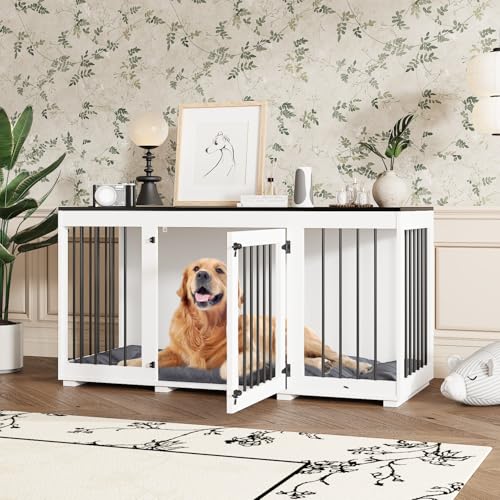 Hundekäfig, Hundekäfig, Möbel, Hundehütte für Zuhause, Hundehaus für drinnen, Hundebox mit Tür Hundekissen, für große mittelgroße kleine Hunde, MDF + Eisen, 136 x 70 x 56 cm, weiß von DEZAGCE