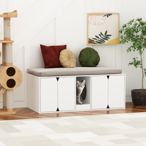 Katzenschrank, Katzentoilette, Katzenklo Schrank, Katzenhaus mit Tür und Abfallbehälter, Katzenhaus für Große Katzen, Sitzbank, Weiß, MDF, 43 x 52 x 110 cm von DEZAGCE