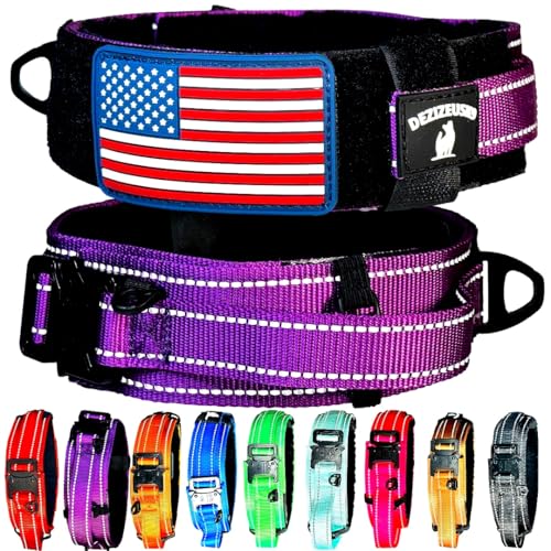 Hundehalsband mit Kontrollgriff, Schnellverschluss, Metallschnalle, strapazierfähig, Militär-Stil, 5.1 cm breit, Nylon mit USA-Flagge für Handhabung und Training, männlich oder weiblich, K9 (violett) von DEZIZEUSK9