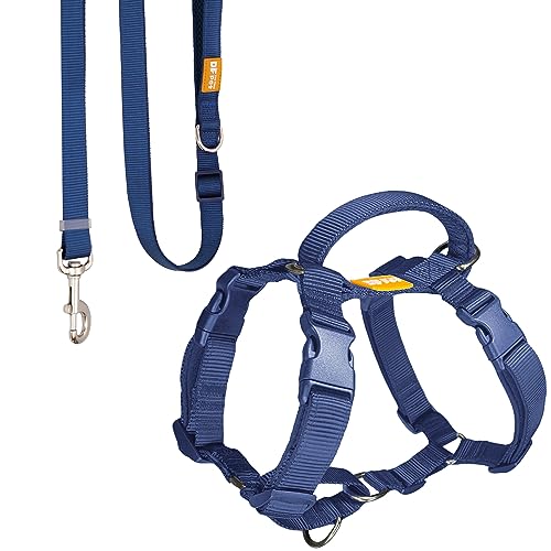 DF Martingale Hundegeschirr und verstellbare Leine, kein Ziehen, ausbruchsicher, vollständig anpassbare Passform, mit Frontclip und weich gepolstertem Griff, Marineblau, Brustumfang 84-108 cm von DF