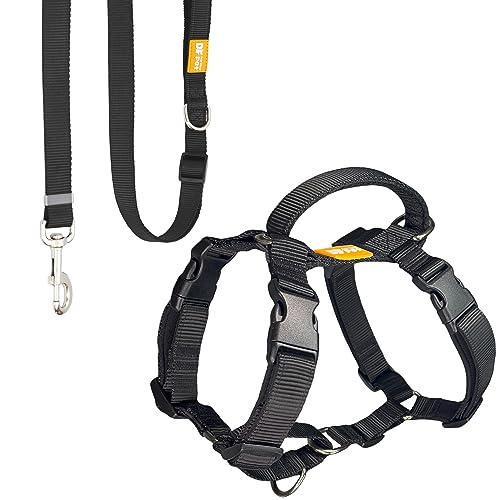 DF Martingale Hundegeschirr und verstellbare Leine, kein Ziehen, ausbruchsicher, vollständig anpassbare Passform, mit Frontclip und weich gepolstertem Griff, Schwarz, Brustumfang 84-108 cm von DF