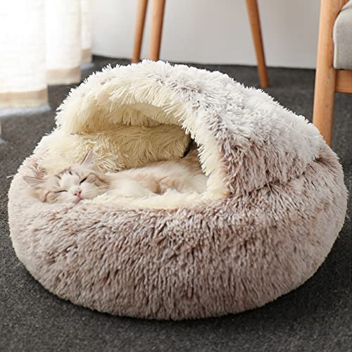 DG Catiee Katzenhöhle, kleines Hundebett, beruhigender Katzenschlafsack, flauschig, warmes Katzenbett für Innenbereich, Katzen, Welpen, kleine Hunde (Plüsch-35 cm, Braun) von DG Catiee