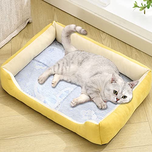 Hundebett, mittelgroß, klein, Bambus-Matte, beruhigendes Katzenschlafbett, selbstkühlendes Eisseidebett, atmungsaktiv, waschbar, Katzen-Hundebett-Matratze (90 x 70 cm, gelb) von DG Catiee