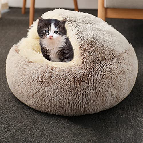 Katzenbett Haustierhöhle Bett Beruhigende Katze Schlafsack, Donut Hundehöhle Bett Anti-Angst Hundebett, kleines Haus, flauschig, warmes Katzen-Iglu-Bett (35 cm, Braun) von DG Catiee