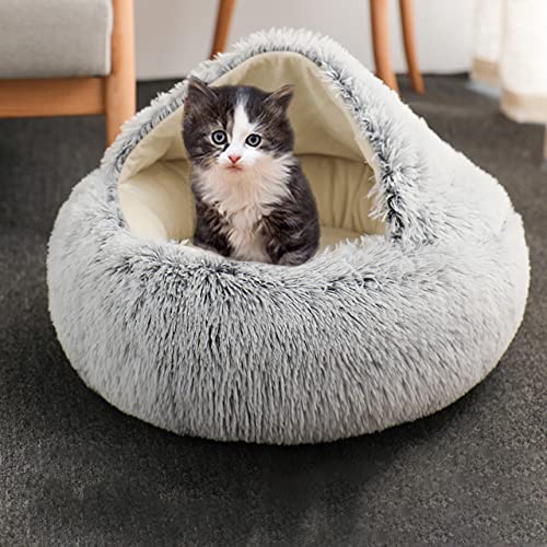 Katzenbett Haustierhöhle Bett Beruhigende Katzenschlafsack, Donut-Hundehöhle Bett Anti-Angst-Hundebett, kleines Haus, flauschig, warmes Katzen-Iglu-Bett (35 cm, Grau B) von DG Catiee