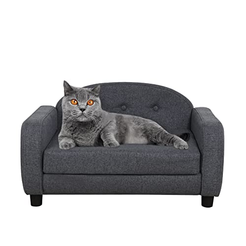 DGBAOBEI Stilvolles Haustier-Sofa mit Holzrahmen, Katzen-Sofa mit Leinenstoff für Welpen und Katzen (grau) von DGBAOBEI