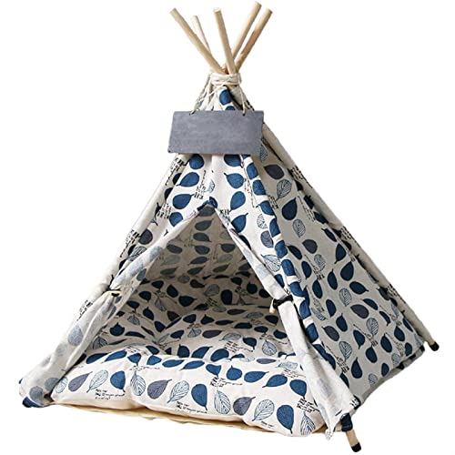 DGOINGPI Hundebett Haustier-Tipi-Haustierbett mit dickem Kissen, Tafel, Hundezelt für mittelgroße kleine Hunde und Katzen Katzenbett(Blue Leaves,60X60X70CM) von DGOINGPI